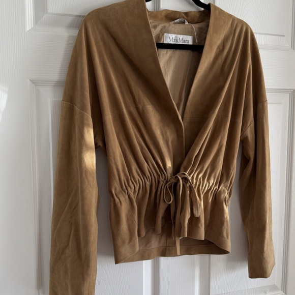 NWOT Max Mara Suede Leather Jacket Silk Lined Brown Tie Waist Italy Size 46 US12 - Picture 2 of 11